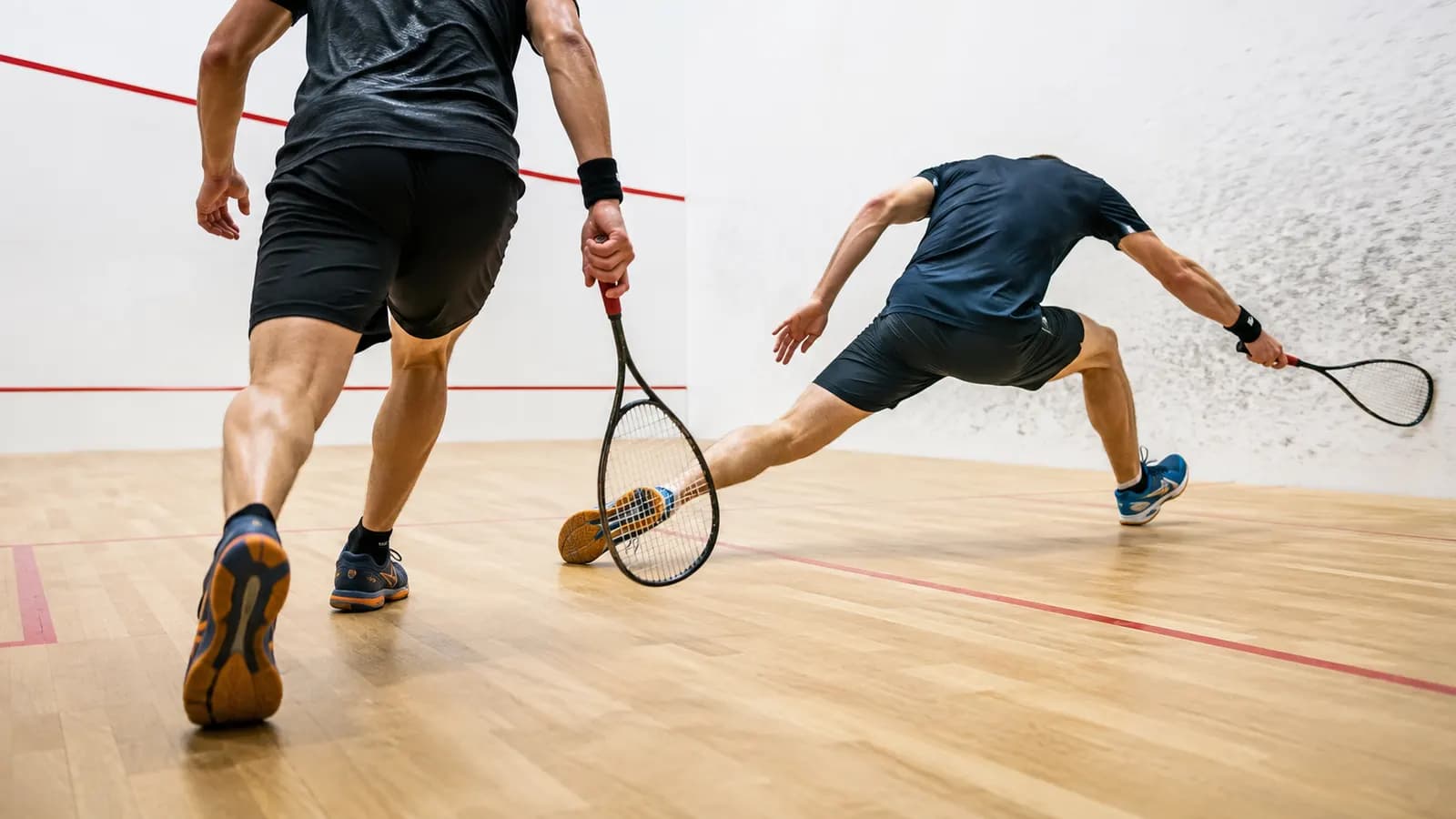 Deux joueurs de squash en plein échange sur le court